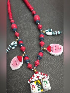 Christmas Folk Art, Vintage, Hand-Painted Charm Necklace & Santa Claus Earrings